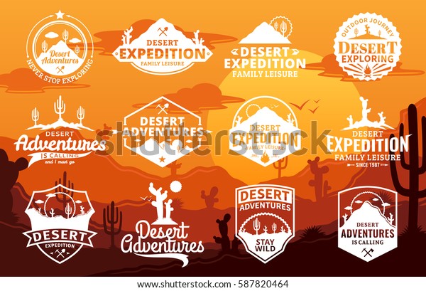 砂漠の風景の背景にベクター砂漠と屋外の冒険のロゴセット のベクター画像素材 ロイヤリティフリー