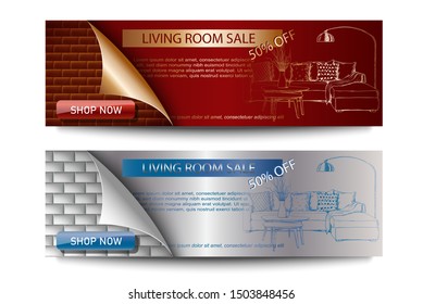 Set of vector design banner, hand drawn elements, background of furniture and interior store of apartments. Template for promotion, sale, ads, banners and flyers. Flyers with paper element and tiles.