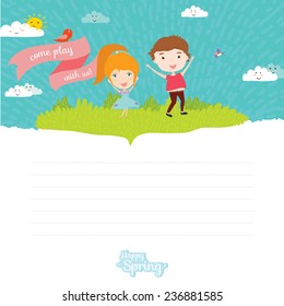 Set of vector design banners with happy smiling boy and girl in a cute and cartoon style with place for text. Bright background with funny animals and happy kids welcome a summer