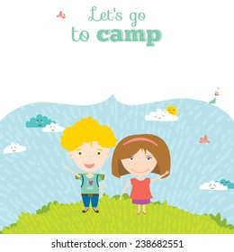Set of vector design banners with happy smiling boy and girl in a cute and cartoon style with place for text. Bright background with funny animals and happy kids welcome a summer