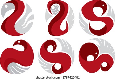 Set of Vector Design of a Bird Logo in Red and White with Circle Theme