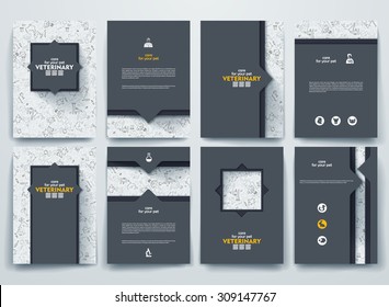 Set of vector design brochures with doodles backgrounds on Veterinary theme.