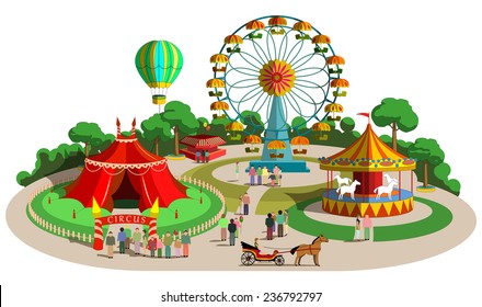 Set Of Vector Design Composition With Amusement Park Elements