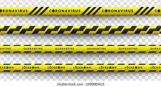Set Vector design of corona virus danger warning in yellow and black stripes. Isolated with a transparent background. Limiting the area of virus, quarantine, lockdown. Biohazard sign.