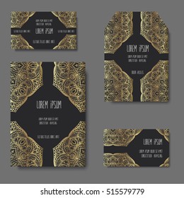 Set of Vector design for cover. 
Brochure, business card or flyer template. Oriental style. Golden graphic ornament.