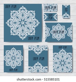 Set of Vector design for cover. 
Brochure, business card or flyer template. Oriental style. White graphic ornament.