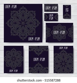 Set of Vector design for cover. 
Brochure, business card or flyer template. Oriental style. Grey graphic ornament.