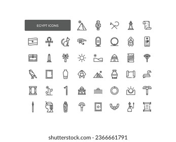 Diseño vectorial Iconos de viaje y elementos gráficos egipcios con puntos de referencia, signos tradicionales y famosos símbolos egipcios