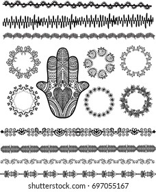 Set of vector design element. Decorative frames, borders, hamsa or Fatima hand and floral elements.