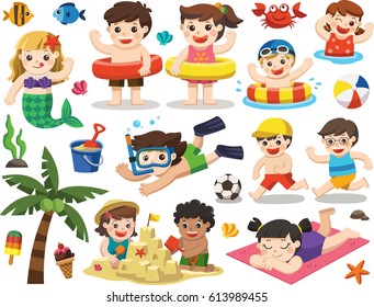 Set vector design element for summer season. Happy kids playing on the beach and swimming. Let's enjoy summer.