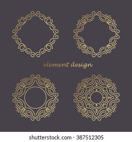 Set vector design element. Templates icon, symbol, emblem, monogram, frame. Linear trend style. Illustration gold pattern on black background. Concept of  unusual abstract luxury logo.