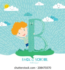 Set of vector design elements for back to school template design. Cute and cartoon illustration ready for your message. All for beginning of the school. Happy kids welcome to school. ABC.