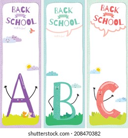 Set of vector design elements for back to school template design. Cute and cartoon illustration ready for your message. All for beginning of the school. Happy kids welcome to school. ABC.