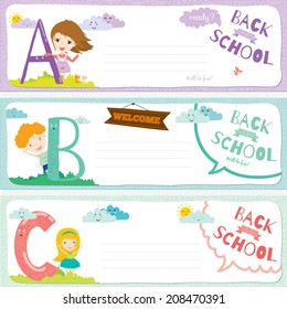 Set of vector design elements for back to school template design. Cute and cartoon illustration ready for your message. All for beginning of the school. Happy kids welcome to school. ABC.