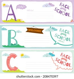 Set of vector design elements for back to school template design. Cute and cartoon illustration ready for your message. All for beginning of the school. Happy kids welcome to school. ABC.