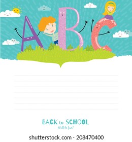 Set of vector design elements for back to school template design. Cute and cartoon illustration ready for your message. All for beginning of the school. Happy kids welcome to school. ABC.