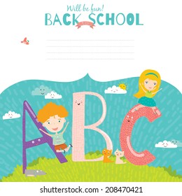 Set of vector design elements for back to school template design. Cute and cartoon illustration ready for your message. All for beginning of the school. Happy kids welcome to school. ABC.