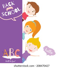 Set of vector design elements for back to school template design. Cute and cartoon illustration ready for your message. All for beginning of the school. Happy kids welcome to school. ABC.