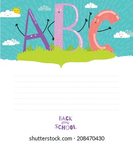 Set of vector design elements for back to school template design. Cute and cartoon illustration ready for your message. All for beginning of the school. Happy kids welcome to school. ABC.