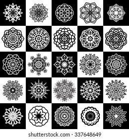Set of vector design elements, black and white mandala, fashion logo, doily round, flower print,abstract lace decoration