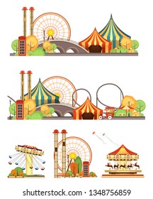 Set of vector design elements for carnival circus partk amusement rides isolated on white background, steam composition swings, cozy resting places with benches trees