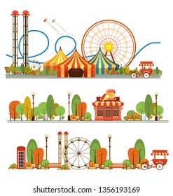 Set of vector design elements for carnival circus partk amusement rides isolated on white background, steam composition swings, cozy resting places with benches trees