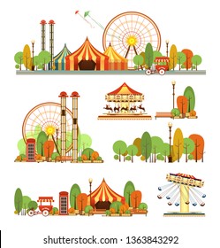 Set of vector design elements for carnival circus partk amusement rides isolated on white background, steam composition swings, cozy resting places with benches trees