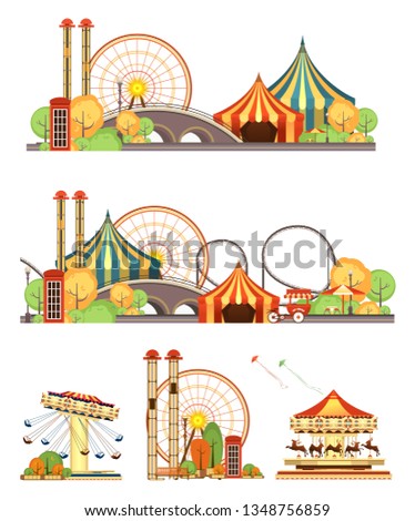 Set of vector design elements for carnival circus partk amusement rides isolated on white background, steam composition swings, cozy resting places with benches trees