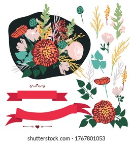 Set of vector design elements, floral borders, wreaths and ribbons. Hand drawn floral collection.
