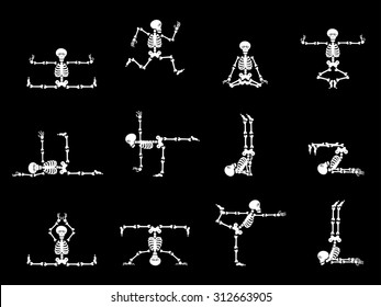 Set vector design elements: funny skeletons - gymnastics and yoga isolated on black background. 