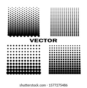 Set of vector design elements. Halftone dots, stars, hexagons, squares pixels. Objects on an isolated background.