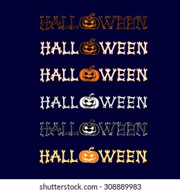 SET of vector design elements: halloween title with pumpkin on dark blue background. 