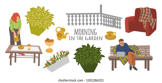 Set of vector design elements to illustrate a family tea party outdoors. Husband, wife, flowers, bushes, bench, table and chair with a plaid isolated on white background