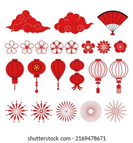 Set of vector design elements and illustrations. Asia, folk, flowers, lanterns, clouds, ornaments.	