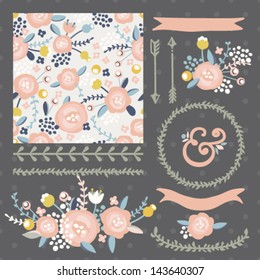 Set of vector design elements, including seamless pattern, floral vignettes, borders, wreaths and ribbons. Hand drawn floral collection.