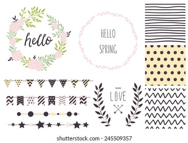 Set of vector design elements, including seamless patterns, flags, garlands, borders, wreaths and ribbons. Hand drawn love collection. Valentine's day kit. Set for wedding design. Save the date.