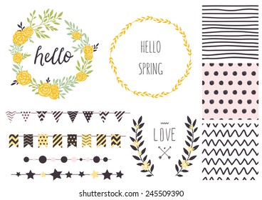 Set of vector design elements, including seamless patterns, flags, garlands, borders, wreaths and ribbons. Hand drawn love collection. Valentine's day kit. Set for wedding design. Save the date.