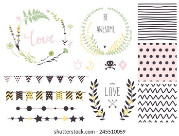 Set of vector design elements, including seamless patterns, flags, garlands, borders, wreaths and ribbons. Hand drawn love collection. Valentine's day kit. Set for wedding design. Save the date.