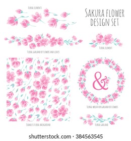 Set of vector design elements, including seamless pattern, floral vignettes, borders and wreaths - pink Sakura blossom Japanese flowering cherry - symbol of spring