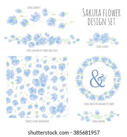 Set of vector design elements, including seamless pattern, floral vignettes, borders and wreaths - blue Sakura blossom Japanese flowering cherry - symbol of spring