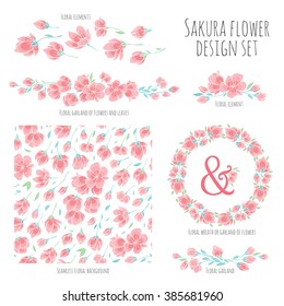 Set of vector design elements, including seamless pattern, floral vignettes, borders and wreaths - pink Sakura blossom Japanese flowering cherry - symbol of spring