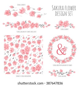 Set of vector design elements, including seamless pattern, floral vignettes, borders and wreaths - pink Sakura blossom Japanese flowering cherry - symbol of spring