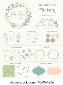 Set of vector design elements, including logo variants, seamless patterns, floral vignettes, borders, wreaths and decorative doodles. Cute floral collection. Branding suite for a florist shop.