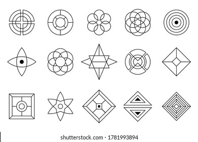 Set of vector design elements, isolated on white background. Sacred geometry. Geometric symmetrical shapes. Alchemy, religion, philosophy, spirituality, hipster symbols and elements.