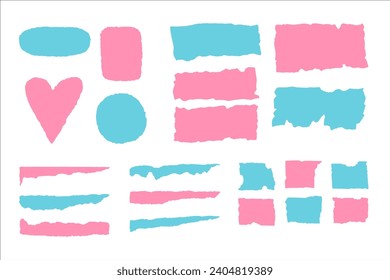 Set of vector design elements with jagged edges. Pink and blue geometric objects, heart shaped and abstract stickers