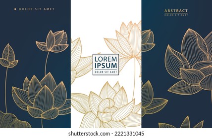 Set of vector design elements: labels, frames, wedding invitations, social net stories, packaging, luxury products, perfume, soap, wine. Line golden backgrounds, patterns with lotus flowers