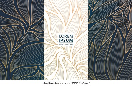 Set of vector design elements: labels, frames, wedding invitations, social net stories, packaging, luxury products, perfume, soap, wine. Line golden backgrounds, floral patterns with leaves