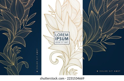 Set of vector design elements: labels, frames, wedding invitations, social net stories, packaging, luxury products, perfume, soap, wine. Line golden backgrounds, floral patterns with leaves