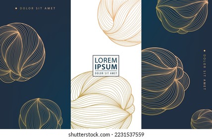 Set of vector design elements: labels, frames, wedding invitations, social net stories, packaging, luxury products, perfume, soap, wine. Line golden backgrounds, patterns with spheres, balls floral