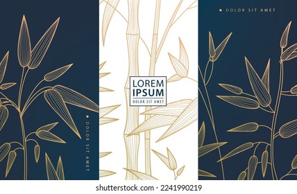 Set of vector design elements: labels, frames, wedding invitations, social net stories, packaging, luxury products, perfume, soap, wine. Line golden backgrounds, bamboo patterns with leaves.